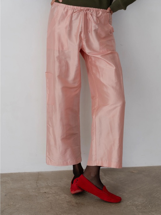 DONNI. Pants - DONNI. Blush Pink Satin Cropped Wide-Leg Pants